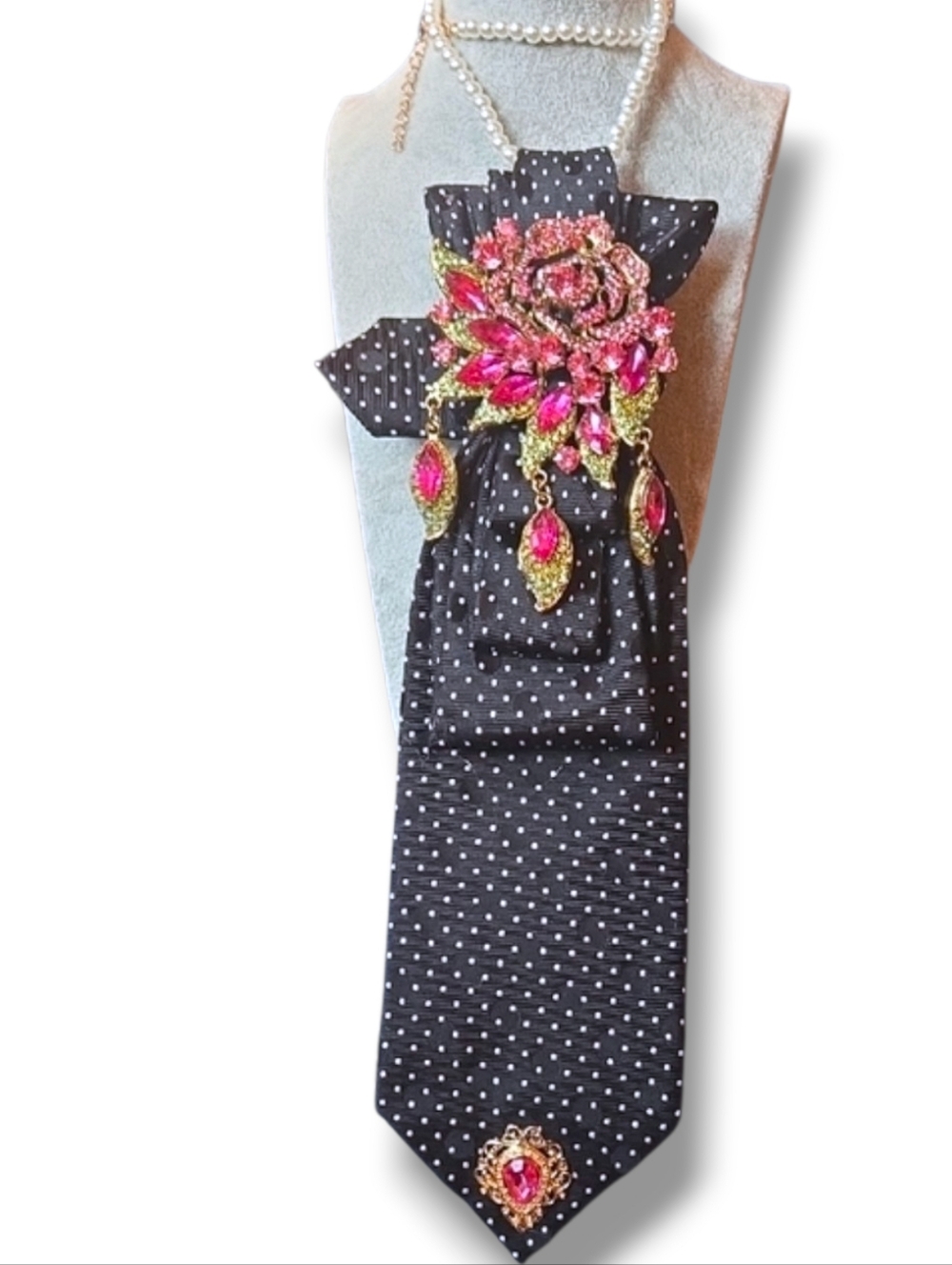 *3/$60 Black Polka Dot Statement Folded Cravat with Pink Gold Brooch And Gem